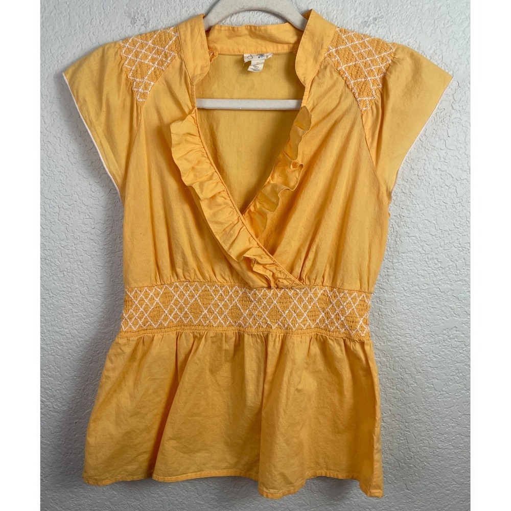 Edme & Esyllte Anthropologie Top Womens 8 Orange Ruffled Smocked Peplum Hem Boho